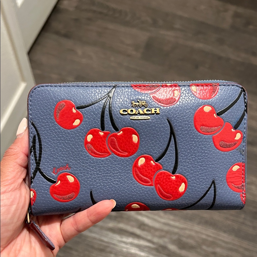 Coach Medium Zop Around Navy Wallet with Red Cherry Designs